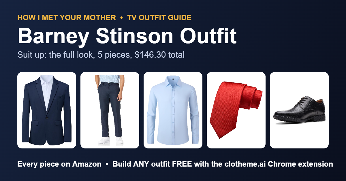 Dress like Barney Stinson: navy suit jacket, navy pants, light blue shirt, red tie and black oxfords, five-piece outfit for $146.30 with Amazon links
