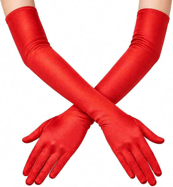 Red satin opera gloves for a Cruella de Vil costume