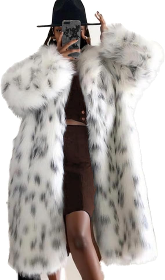 White faux fur long coat for a Cruella de Vil Halloween costume