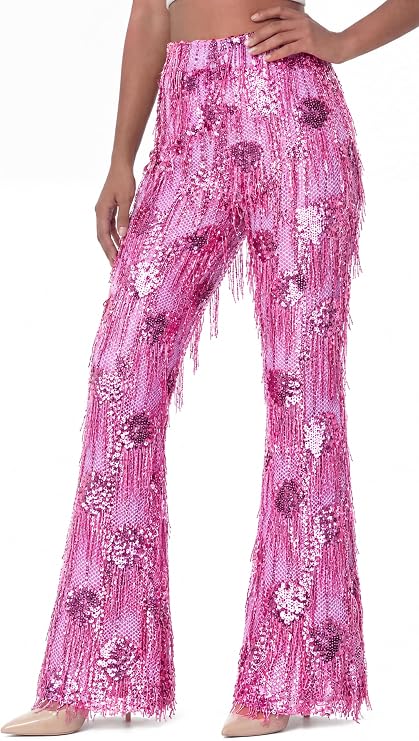 Pink sequin flare pants for a Dolly Parton Halloween costume