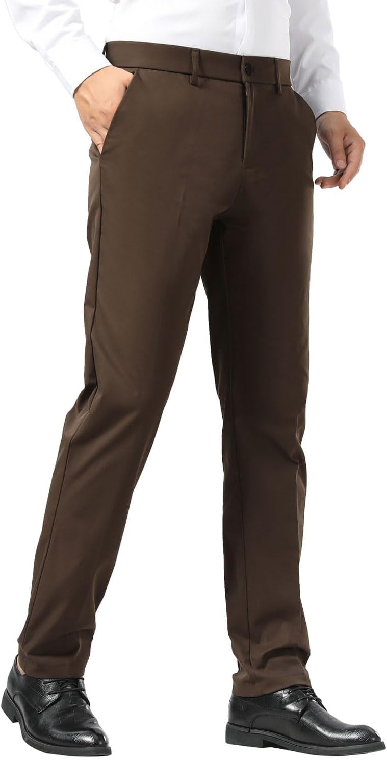 Dark brown slim fit stretch dress pants for a Dwight Schrute outfit