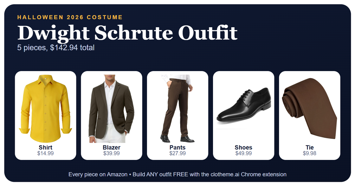 Dress like Dwight Schrute: mustard yellow shirt, olive brown blazer, dark brown pants, black oxford shoes and brown tie, five-piece outfit for $142.94 with Amazon links