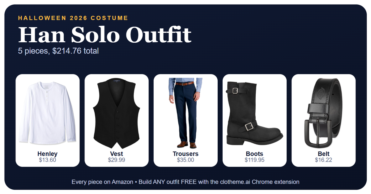 Dress like Han Solo: black dress vest, white henley, navy trousers, black motorcycle boots and black leather belt, five-piece outfit for $214.76 with Amazon links