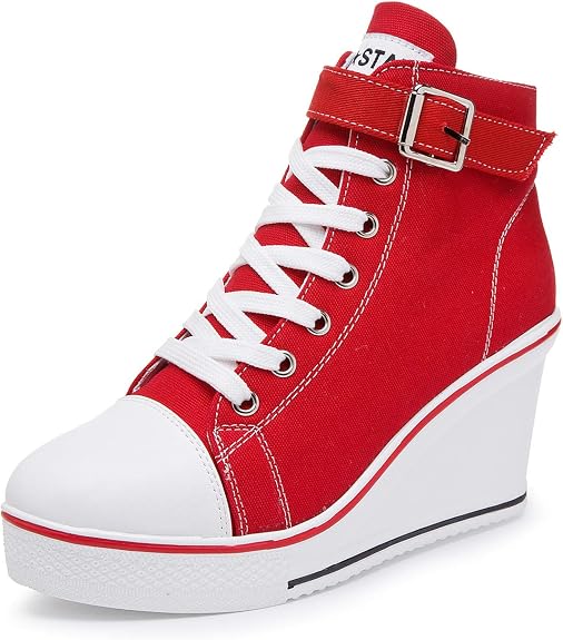Red high-heeled wedge sneakers for a Harley Quinn outfit
