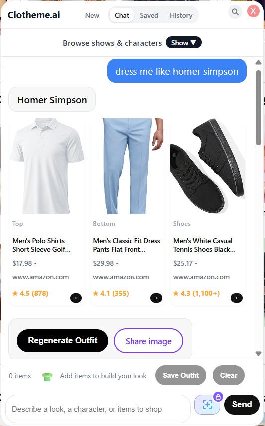 Clotheme.ai Chrome extension chat showing the Homer Simpson outfit: white polo, light blue dress pants and black sneakers with Amazon prices