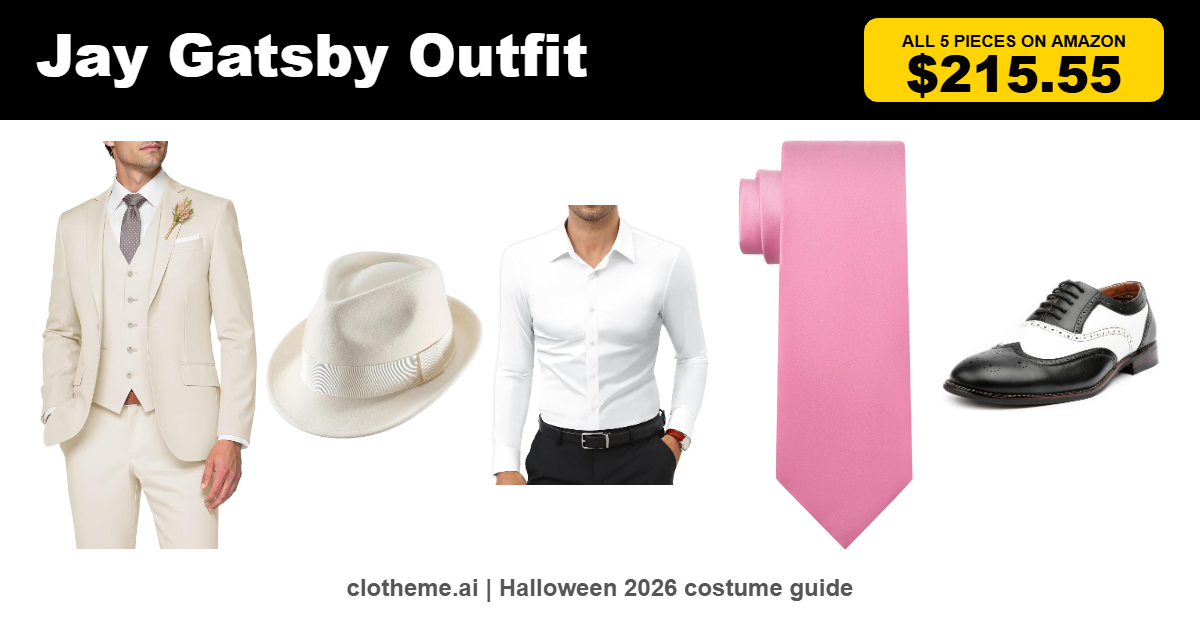 Dress like Jay Gatsby: cream three-piece suit, white fedora, white shirt, pink tie and black and white spectator shoes, five-piece outfit for $215.55 with Amazon links