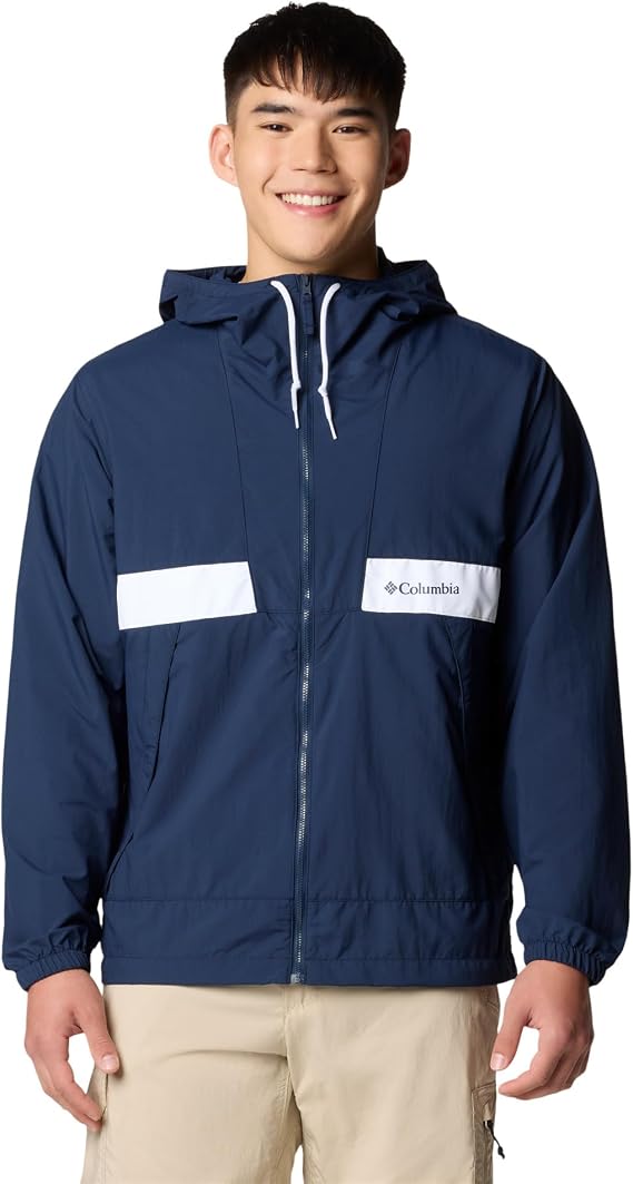 Navy hooded windbreaker, John B Routledge's signature layer