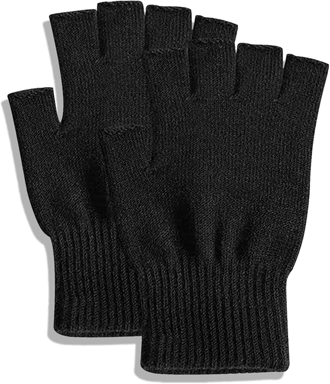 Black fingerless knitted gloves for a Johnny Cage cosplay-style outfit
