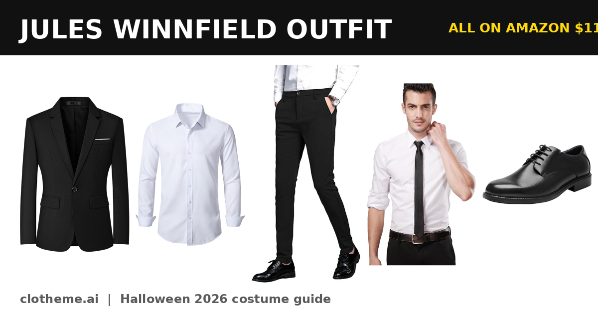 Dress like Jules Winnfield: black suit jacket, white shirt, black pants, skinny tie and black shoes, five-piece outfit for $115.02 with Amazon links