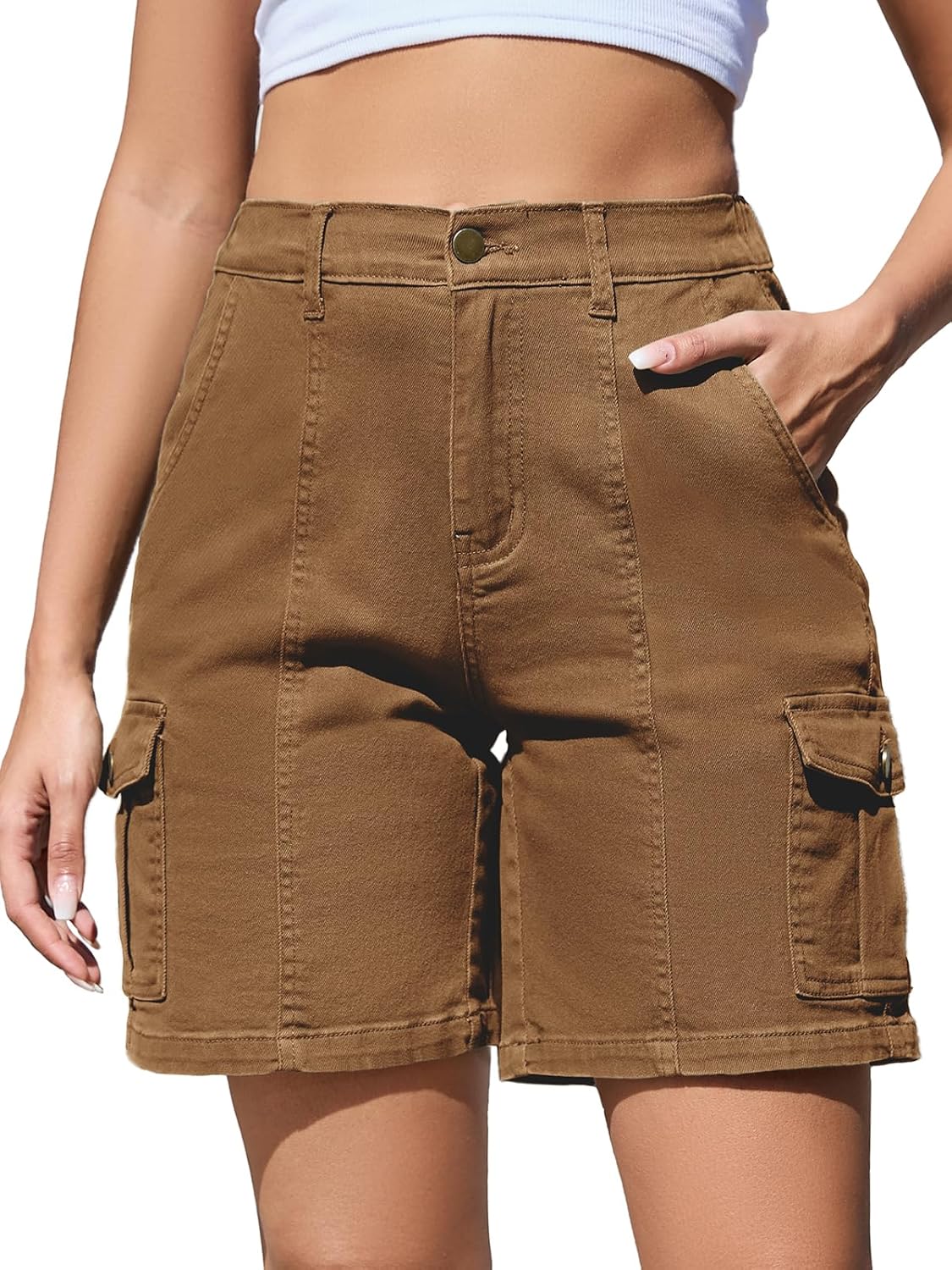 Brown high waisted Bermuda cargo shorts for a Lara Croft outfit