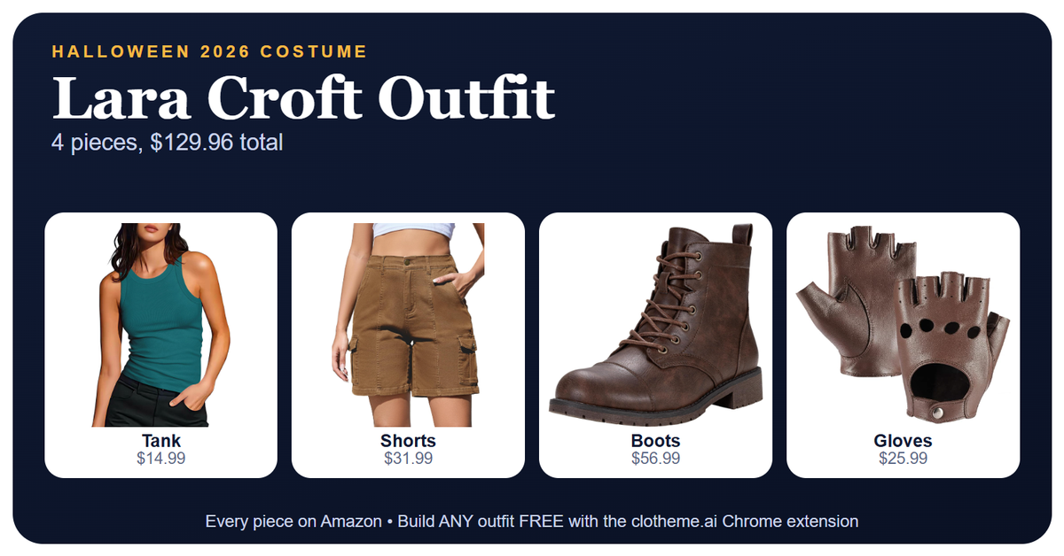 Dress like Lara Croft: teal ribbed racerback tank, brown Bermuda cargo shorts, brown lace-up combat boots and brown leather fingerless gloves, four-piece outfit for $129.96 with Amazon links