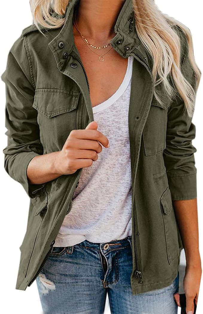 Military-style zip-up jacket, Martha Walker's signature layer