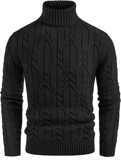 Black cable knit turtleneck sweater