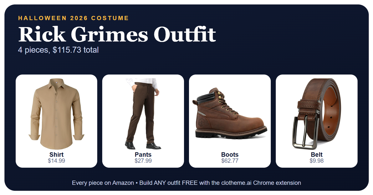Dress like Rick Grimes: tan long sleeve button down shirt, dark brown dress pants, brown leather work boots and brown leather belt, four-piece outfit for $115.73 with Amazon links
