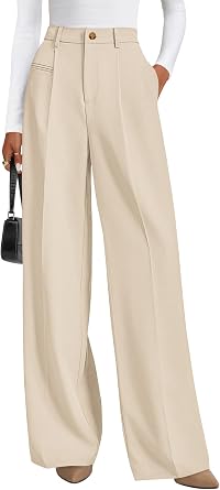 Beige high-waisted wide-leg tailored trousers