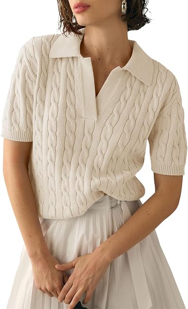 Cream knit polo sweater with collar