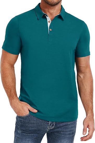 Teal short-sleeve men's cotton polo shirt