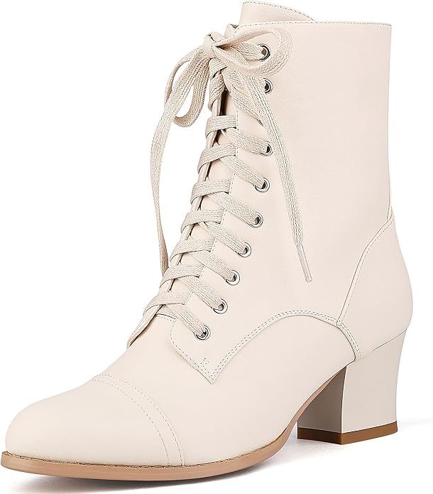 Cream lace-up Victorian ankle boots