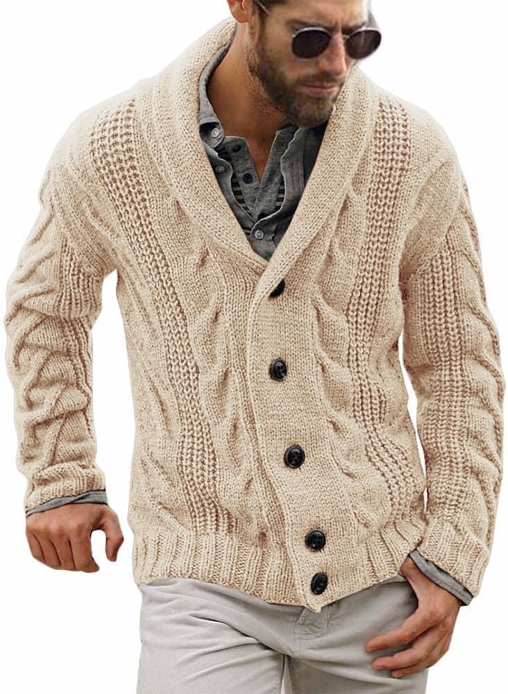 Beige cable knit shawl collar cardigan sweater for a The Dude Big Lebowski outfit
