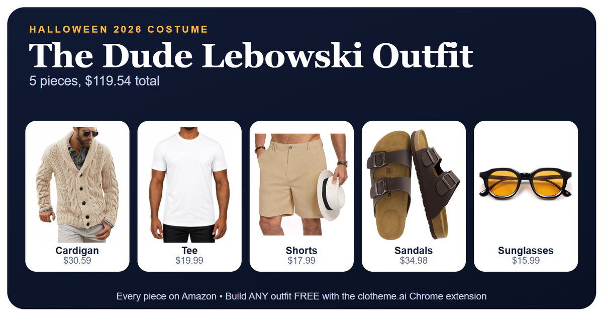 Dress like The Dude: beige cable knit cardigan, white tee, khaki shorts, brown cork sandals and amber round sunglasses, five-piece outfit for $119.54 with Amazon links