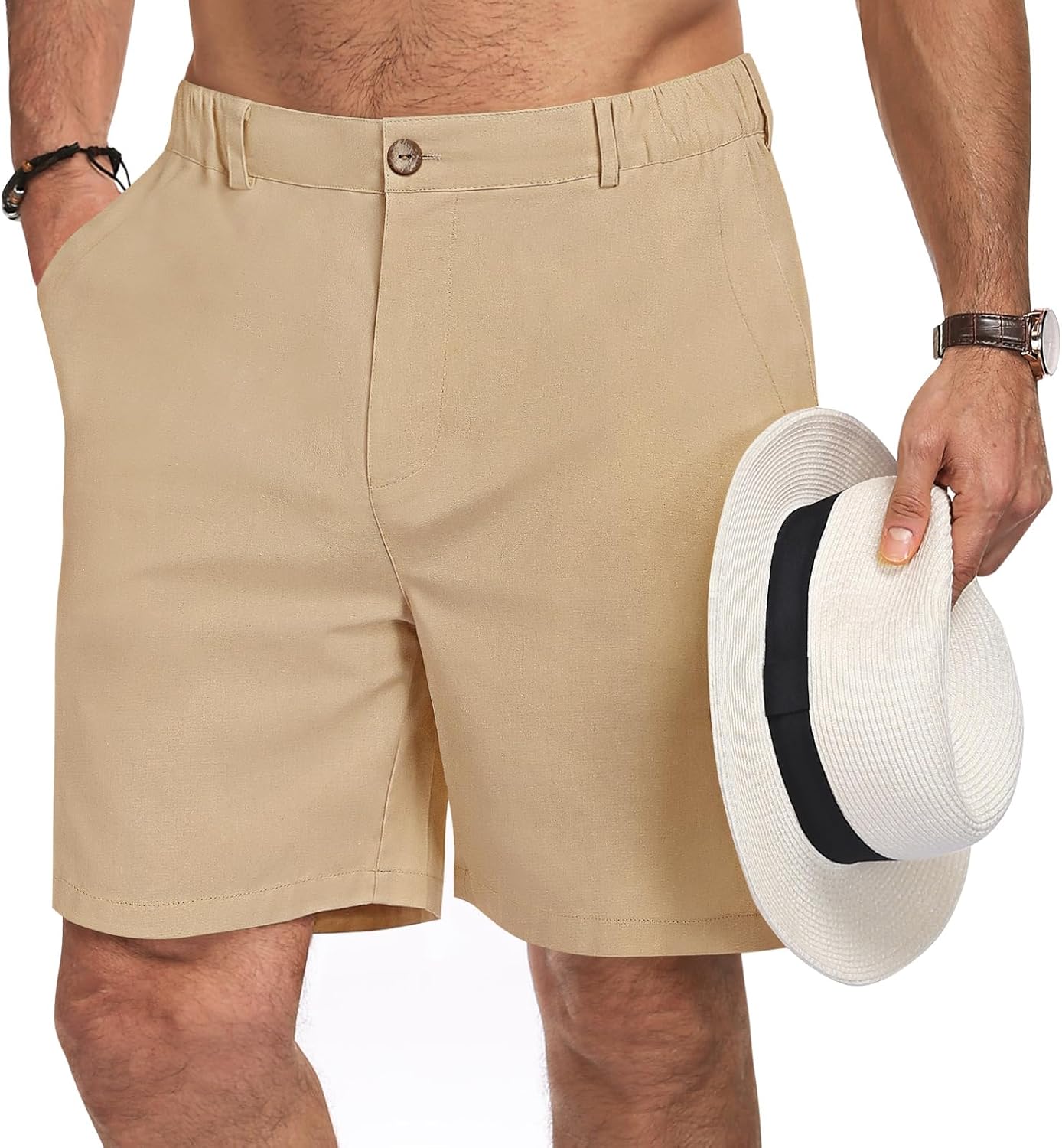 Khaki linen drawstring shorts for a The Dude Big Lebowski outfit