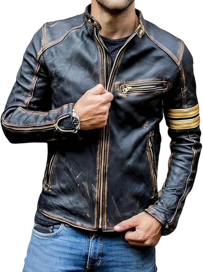 Distressed black leather cafe racer jacket