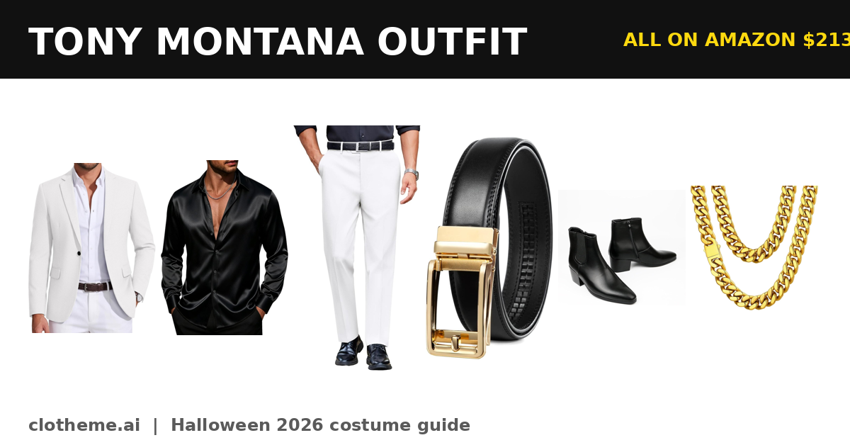 Dress like Tony Montana: white suit jacket, black satin shirt, white pants, belt, boots and gold chain, six-piece outfit for $213.65 with Amazon links