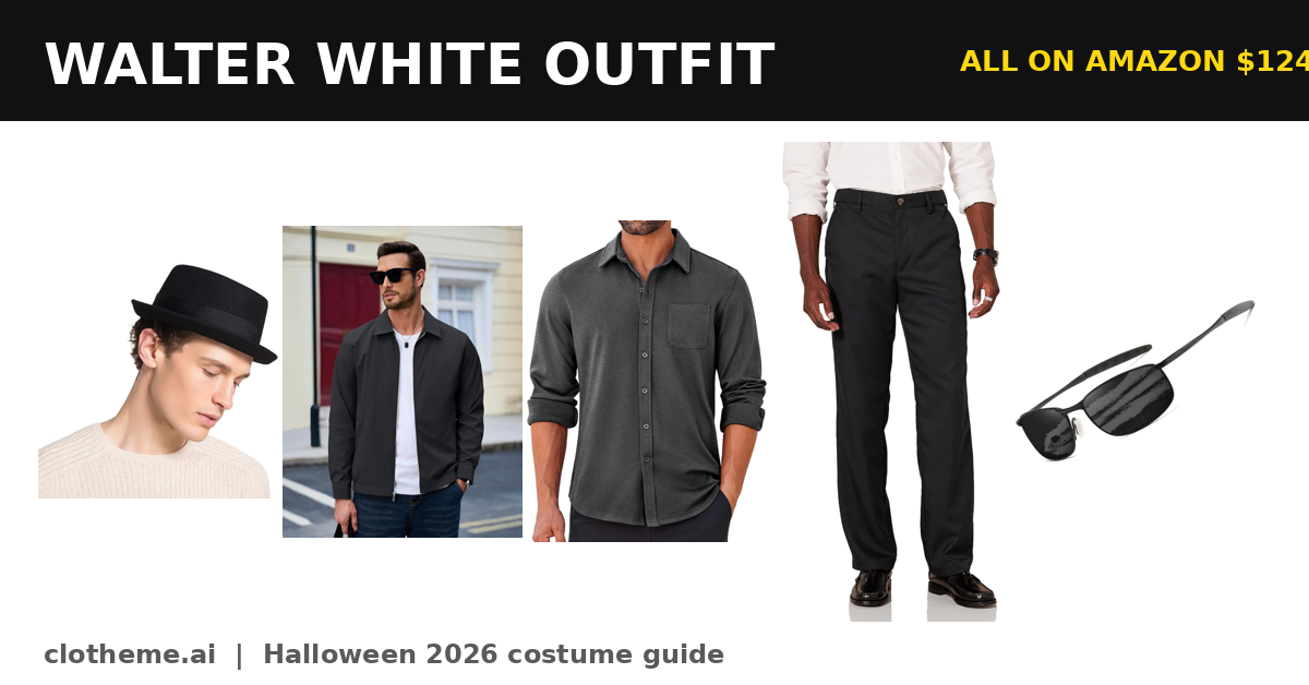Dress like Walter White: black pork pie hat, black jacket, dark shirt, black pants and sunglasses, five-piece outfit for $124.14 with Amazon links