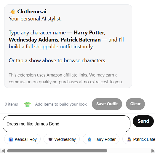 Clotheme.ai chat interface with 'Dress me like James Bond' typed into the prompt