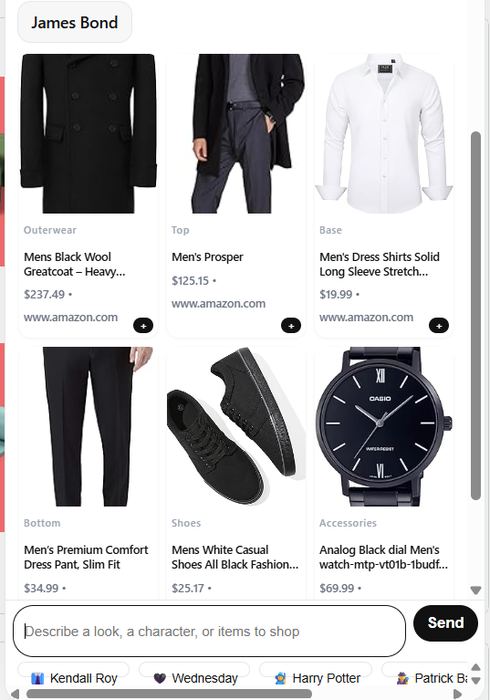 Clotheme.ai completed James Bond outfit showing six Amazon products with prices