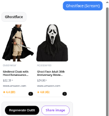 Clotheme.ai panel on Amazon after typing Ghostface (Scream): a black hooded medieval cloak and an official Ghost Face 30th Anniversary adult mask